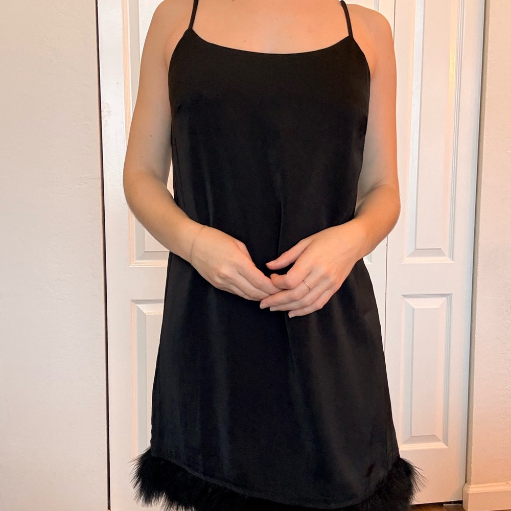 HYFVE Black Slip Dress with Feather Detail